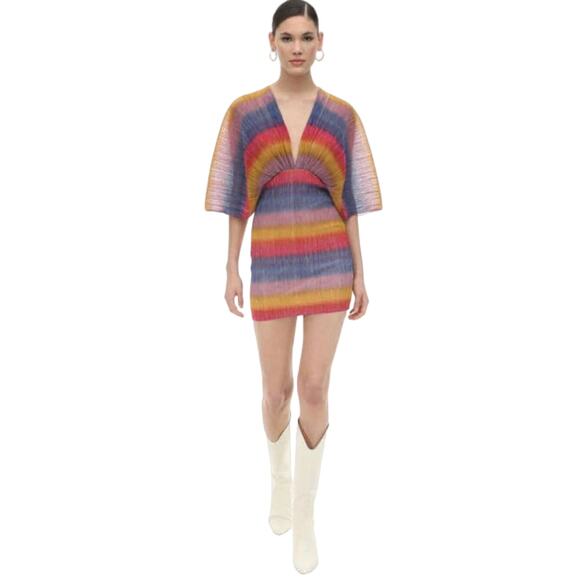 ROTATE Birger Christensen Rainbow Metallic Striped Mini Dress Size 4 - Picture 2 of 15